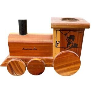 🚂 Branson MO Wooden Train Coin Bank Vintage Souvenir Rustic Log Cabin Style